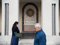 The portico in front of the church, on Piazza Italia, in Tresigallo, a town rebuilt during Fascism following a rationalist ideal. Tresigallo...