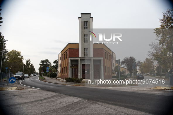 Former Domus Tua, now apartments, the building was built in the Thirties as a dance hall in Tresigallo, province of Ferrara, Emilia-Romagna,...