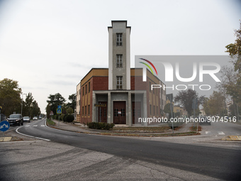 Former Domus Tua, now apartments, the building was built in the Thirties as a dance hall in Tresigallo, province of Ferrara, Emilia-Romagna,...