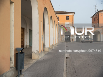 The portico overlooking the monumental Piazza della Repubblica, formerly Piazza della Rivoluzione, built in a characteristic D-shape, in Tre...