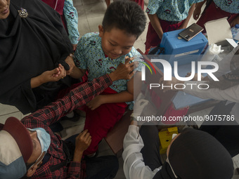 A health worker prepares a vaccine injection for a student on child immunization at SD Inpres Palupi, Palu City, Central Sulawesi Province,...