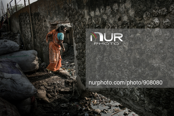 A woman is going through a punch on the Boundary wall of waste dumping ground, Dhapa, Kolkata, India. January 20, 2015.  *** Go to http://nu...