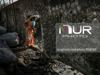 A woman is going through a punch on the Boundary wall of waste dumping ground, Dhapa, Kolkata, India. January 20, 2015.  *** Go to http://nu...