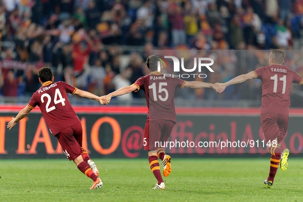 Rome, Italy - 25th Apr, 2014. Florenzi-Pjanic-Taddei  during Football / Soccer Italian Serie A match between AS Roma and AC Milan at Stadio...
