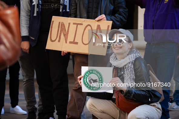 Employees and supporters celebration unionization of an Arlington, VA store.  Employees, led by Samuel Dukore, voted to join Starbucks Worke...