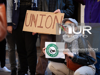 Employees and supporters celebration unionization of an Arlington, VA store.  Employees, led by Samuel Dukore, voted to join Starbucks Worke...