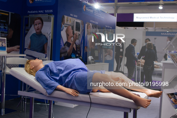 a medical training mannequin is seen during the opening day of Medica 2022, a medical technology and health care exhibition in Duesseldorf,...