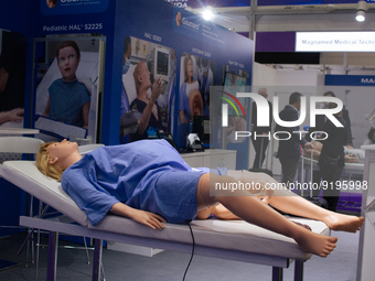 a medical training mannequin is seen during the opening day of Medica 2022, a medical technology and health care exhibition in Duesseldorf,...