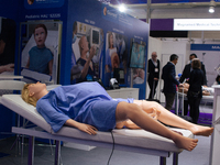 a medical training mannequin is seen during the opening day of Medica 2022, a medical technology and health care exhibition in Duesseldorf,...