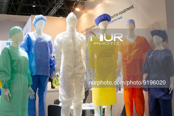 medical protective clothing are seen displayed during the opening day of Medica 2022, a medical technology and health care exhibition in Due...