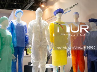 medical protective clothing are seen displayed during the opening day of Medica 2022, a medical technology and health care exhibition in Due...