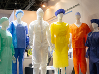 medical protective clothing are seen displayed during the opening day of Medica 2022, a medical technology and health care exhibition in Due...