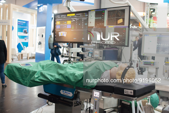 a medical training mannequin is seen  during the opening day of Medica 2022, a medical technology and health care exhibition in Duesseldorf,...