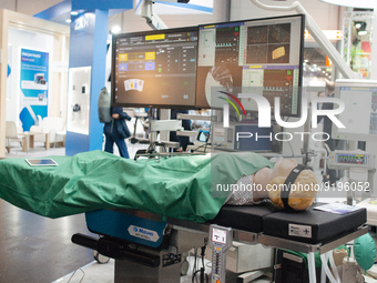 a medical training mannequin is seen  during the opening day of Medica 2022, a medical technology and health care exhibition in Duesseldorf,...