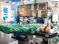 a medical training mannequin is seen  during the opening day of Medica 2022, a medical technology and health care exhibition in Duesseldorf,...