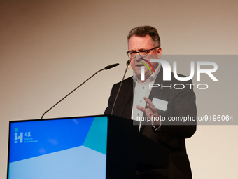 Dr. Josef Düllings,director of VKD state group, speaks on the stage  during the opening day of Medica 2022, a medical technology and health...