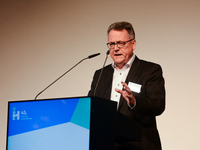 Dr. Josef Düllings,director of VKD state group, speaks on the stage  during the opening day of Medica 2022, a medical technology and health...