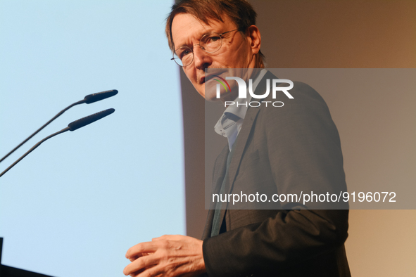 Dr. Karl Lauterbach, German health minister, speaks on the stage during the opening day of Medica 2022, a medical technology and health care...