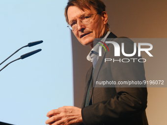 Dr. Karl Lauterbach, German health minister, speaks on the stage during the opening day of Medica 2022, a medical technology and health care...