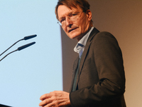 Dr. Karl Lauterbach, German health minister, speaks on the stage during the opening day of Medica 2022, a medical technology and health care...