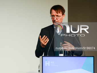 Dr. Karl Lauterbach, German health minister, speaks on the stage during the opening day of Medica 2022, a medical technology and health care...