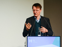 Dr. Karl Lauterbach, German health minister, speaks on the stage during the opening day of Medica 2022, a medical technology and health care...