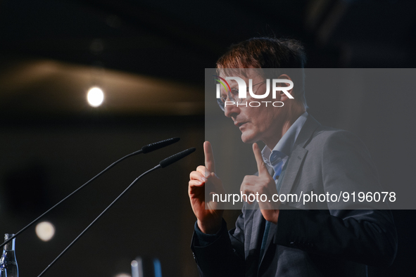 Dr. Karl Lauterbach, German health minister, speaks on the stage during the opening day of Medica 2022, a medical technology and health care...