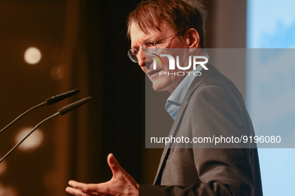 Dr. Karl Lauterbach, German health minister, speaks on the stage during the opening day of Medica 2022, a medical technology and health care...