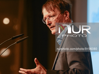 Dr. Karl Lauterbach, German health minister, speaks on the stage during the opening day of Medica 2022, a medical technology and health care...