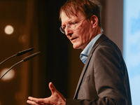 Dr. Karl Lauterbach, German health minister, speaks on the stage during the opening day of Medica 2022, a medical technology and health care...