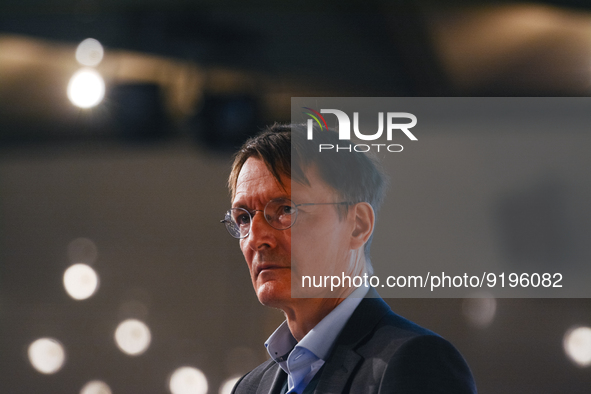 Dr. Karl Lauterbach, German health minister, speaks on the stage during the opening day of Medica 2022, a medical technology and health care...