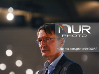 Dr. Karl Lauterbach, German health minister, speaks on the stage during the opening day of Medica 2022, a medical technology and health care...