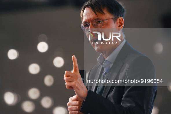 Dr. Karl Lauterbach, German health minister, speaks on the stage during the opening day of Medica 2022, a medical technology and health care...