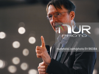 Dr. Karl Lauterbach, German health minister, speaks on the stage during the opening day of Medica 2022, a medical technology and health care...