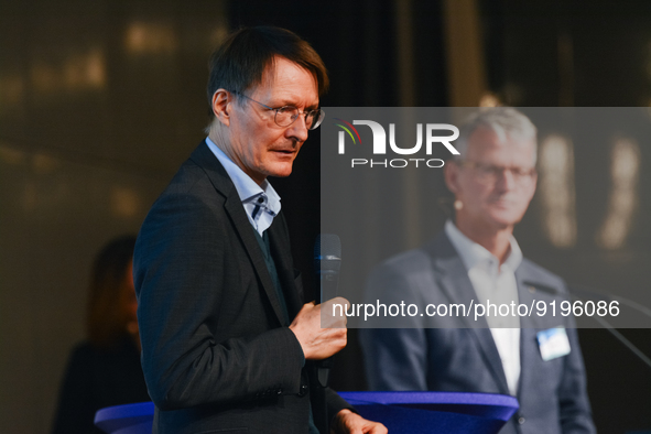 Dr. Karl Lauterbach, German health minister, speaks on the stage during the opening day of Medica 2022, a medical technology and health care...