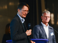 Dr. Karl Lauterbach, German health minister, speaks on the stage during the opening day of Medica 2022, a medical technology and health care...