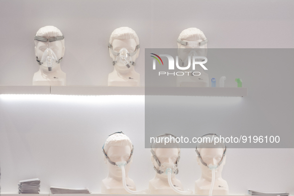 medical oxygen masks are seen displayed during the opening day of Medica 2022, a medical technology and health care exhibition in Duesseldor...