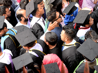 A group of graduates gather to expressing their delight of the Curzon hall at university area, on the 53th convocation of the students of Dh...