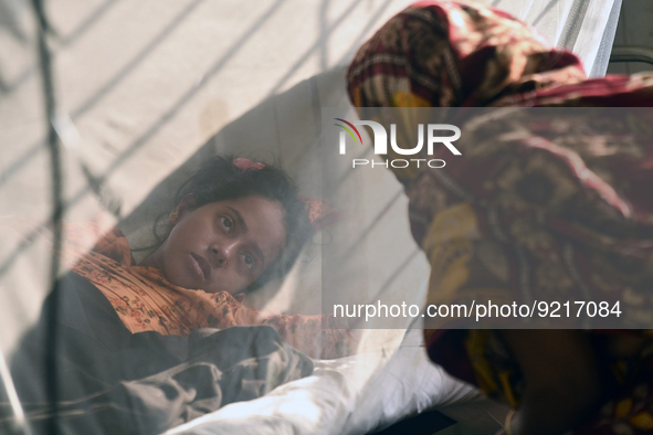 Rozina (19), is seen inside a mosquito net as she is under treatment for dengue fever at a special ward in Dhaka, Bangladesh on November 18,...