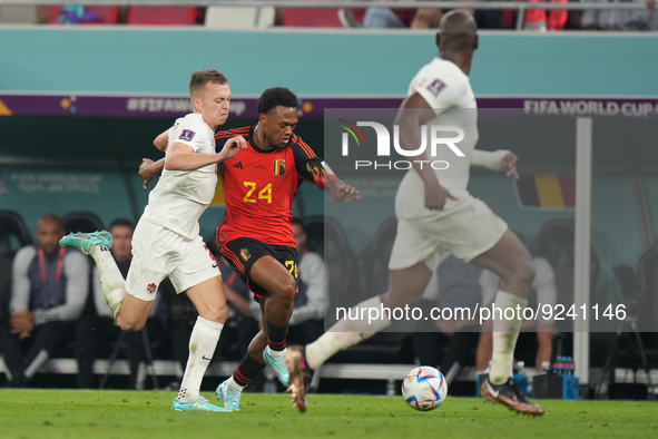 (24) OPENDA Lois of Belgium team battel for possession with (2) JOHNSTON Alistair of Canada team during FIFA World Cup Qatar 2022  Group F f...