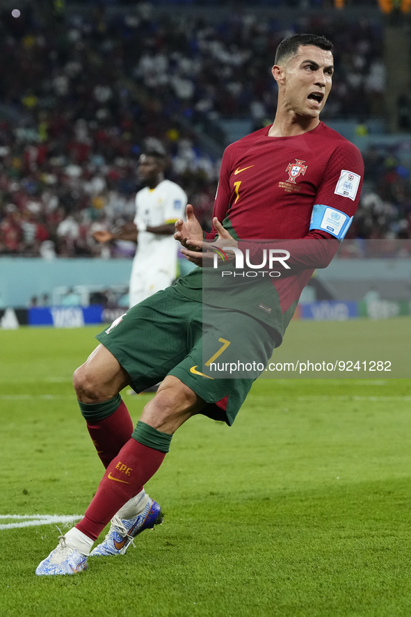 Cristiano Ronaldo Centre-Forward of Portugal reacts during the FIFA World Cup Qatar 2022 Group H match between Portugal and Ghana at Stadium...