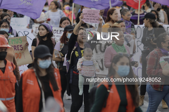 Mothers of victims of feminicide, relatives of disappeared persons and various feminist collectives demonstrate in the Zócalo of Mexico City...