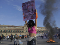 A member of the feminist Black Bloc holds a banner while other women burn posters in Mexico City's Zócalo to mark the International Day for...