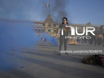 A member of the feminist Black Bloc burns a flare in the Zócalo in Mexico City to mark the International Day for the Elimination of Violence...