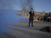 A member of the feminist Black Bloc burns a flare in the Zócalo in Mexico City to mark the International Day for the Elimination of Violence...