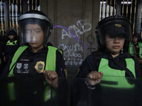 Police guard the Zocalo in Mexico City during the march of mothers of victims of femicides, relatives of disappeared persons and various fem...