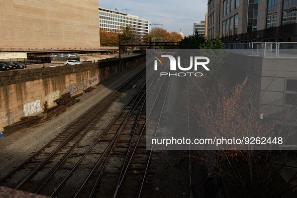 The U.S. Capitol is seen beyond railway tracks in Washington, D.C. on November 29, 2022 as Congress prepares to act to avoid a potential nat...