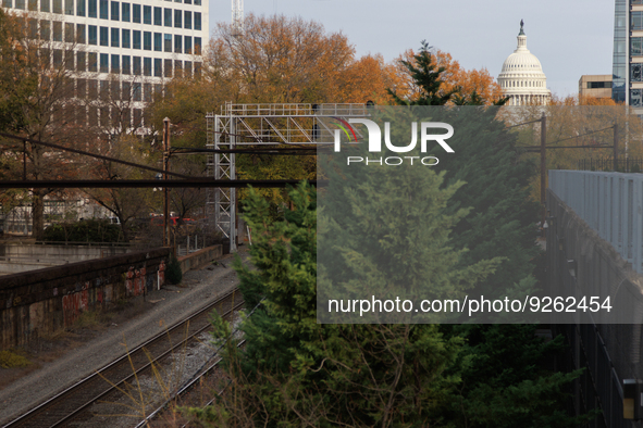 The U.S. Capitol is seen beyond railway tracks in Washington, D.C. on November 29, 2022 as Congress prepares to act to avoid a potential nat...