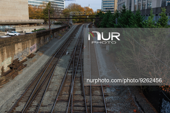 The U.S. Capitol is seen beyond railway tracks in Washington, D.C. on November 29, 2022 as Congress prepares to act to avoid a potential nat...