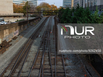 The U.S. Capitol is seen beyond railway tracks in Washington, D.C. on November 29, 2022 as Congress prepares to act to avoid a potential nat...